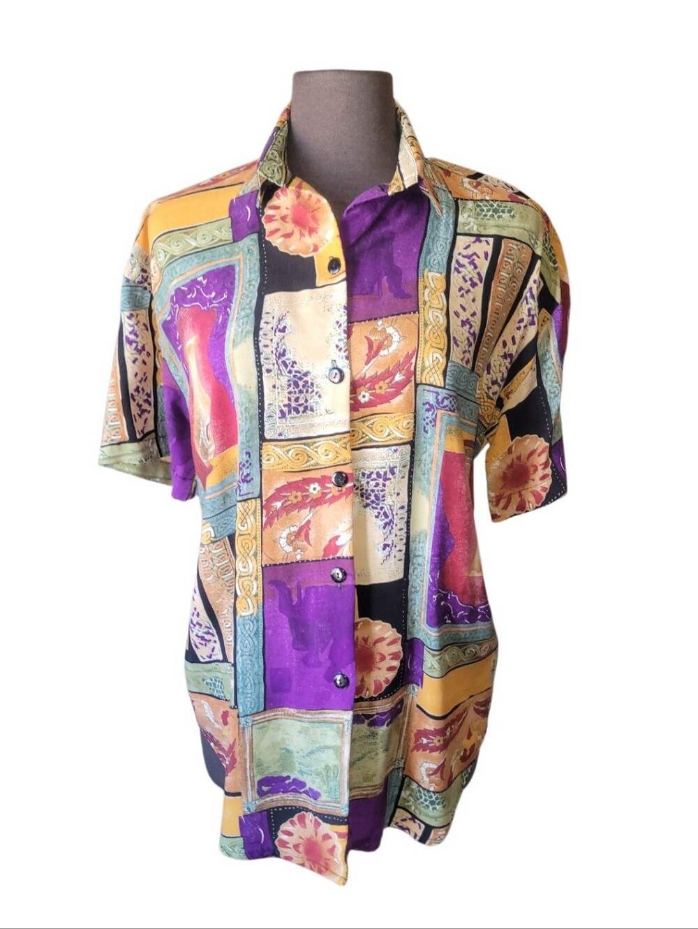 Vintage Caliché Colorblock Floral Patchwork Button-Down Shirt 80s 90s